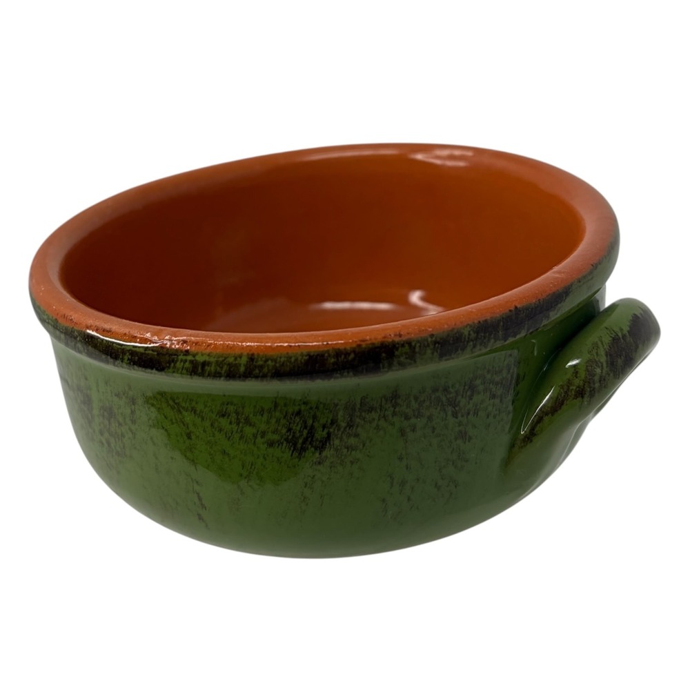 Vintage De Silva Italy Green Terracotta Soup Bowl Crock w Handles Majolica